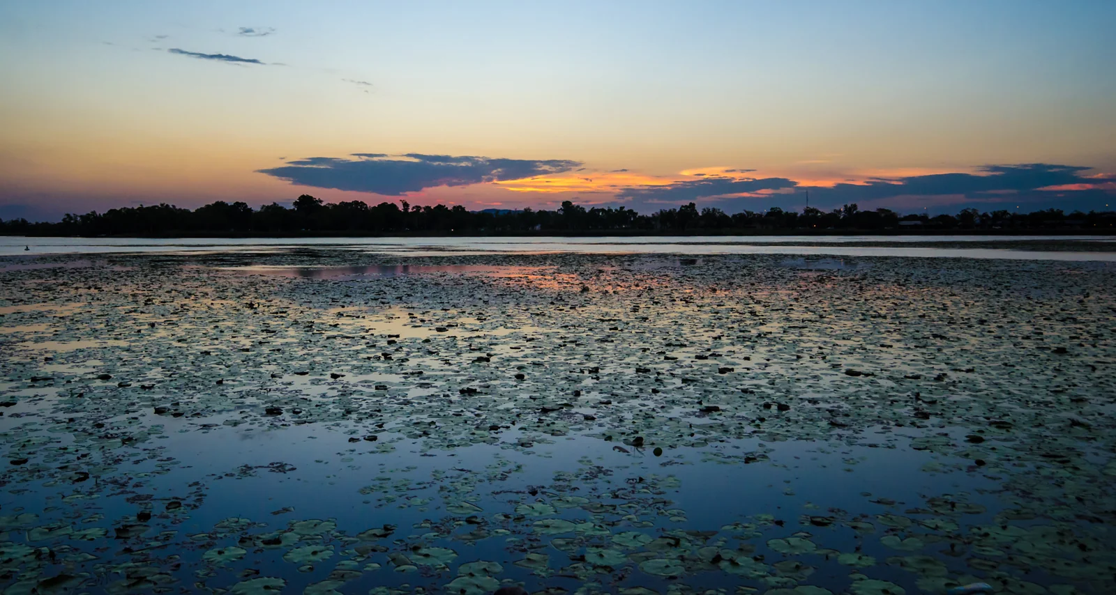 Still tidal water reflecting the last light of sunset