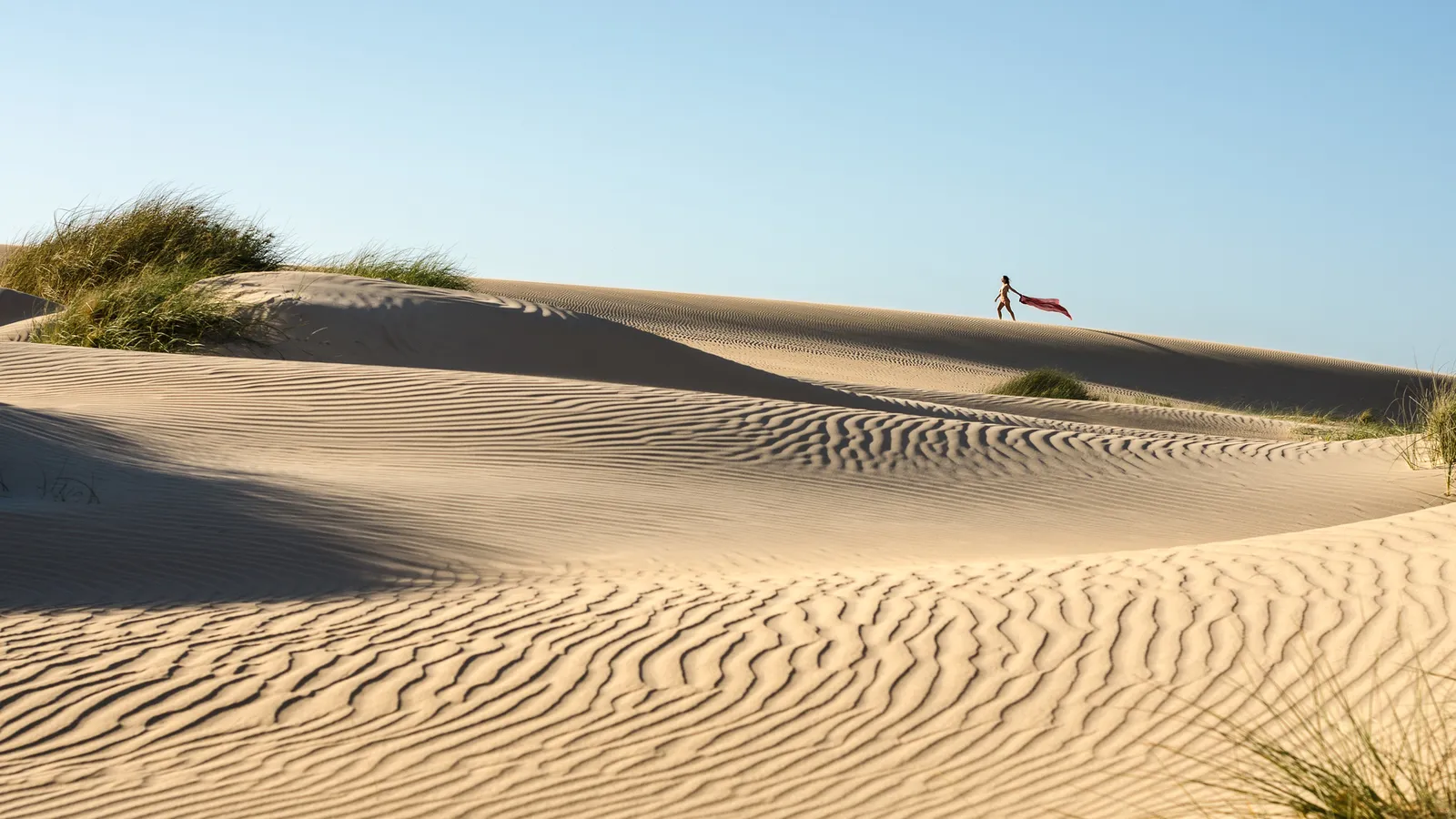 Distant figure on rippled sand dunes beneath a blue sky