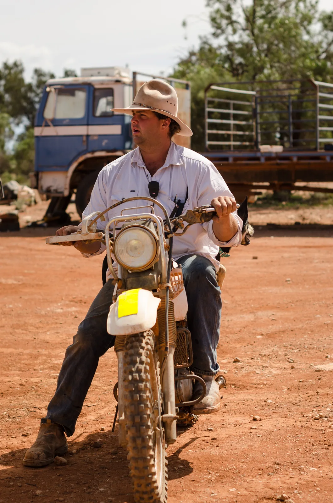 Stockman in a straw hat sitting on a dirt bike in a cattle yard.