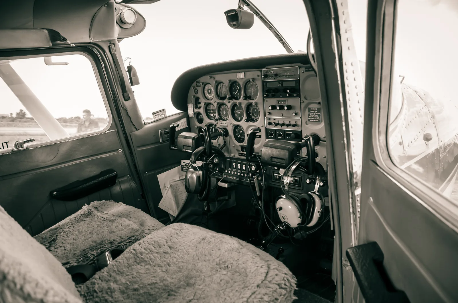 Cockpit and instrument panel of a small aircraft.